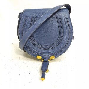 Auth Chloe Marcie Mini Navy Blue Leather Saddle Crossbody Bag Gold Accents